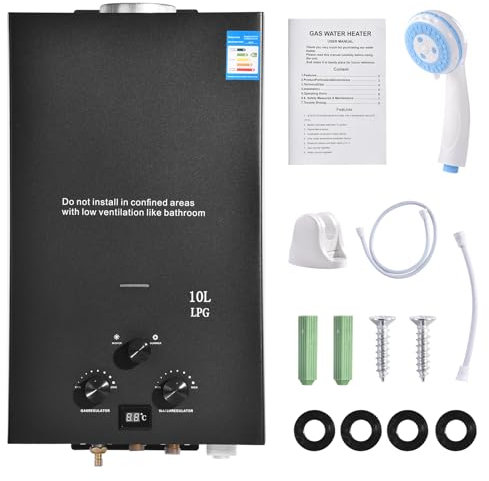 10L LPG Propane Gas Water Heater, 20KW Portable Tankless Instant Hot Water Heater Boiler Burner with Stainless Steel Shower Head Kit for Small Homes RV's Sailboats Cabins Camping, Black
