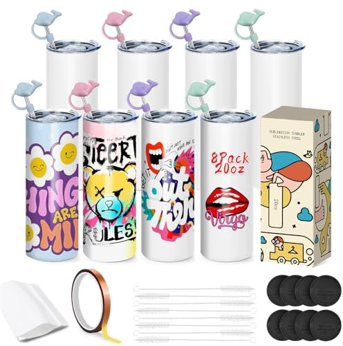 8 Stück Sublimation Rohlinge 20 oz Trinkhalm für Tassen, Sublimationsgläser Skinny Tumbler mit Deckel und Strohhalm, Weiß Gerader Edelstahlbecher mit Metall, Sublimationsbecher