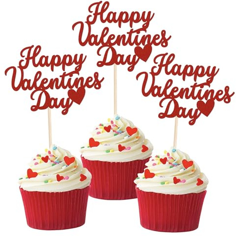 Xsstarmi 24 Pack Happy Valentine's Day Cupcake Toppers Heart Glitter Sweet Love Be Mine Valentines Cupcake Picks for Valentine's Day Theme Birthday Party Cake Decorations Supplies Red