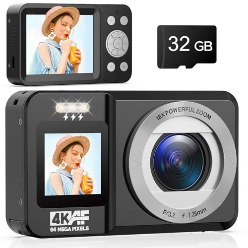 Digital Camera 4K Dual Screens Autofocus 64MP Compact Digital Cameras for Photography with 32GB Card 18X Digital Zoom Selfie Vlogging Camera for Kids Teens Beginners, Black