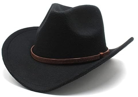 Cowboy Hat for Women and Men, Wide Edge Chinlon Western Felt Outdoor Hat, Classic Cowboy Hat with Adjustable Inner Strap, Party Hat Photo Prop, Black