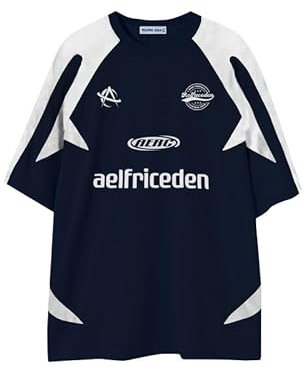 Aelfric Eden Herren Oversized Baseball Tshirt Damen Y2K T-Shirt Vintage Trikot Baggy Sommer Casual Shirt Racing Tee Marineblau, L