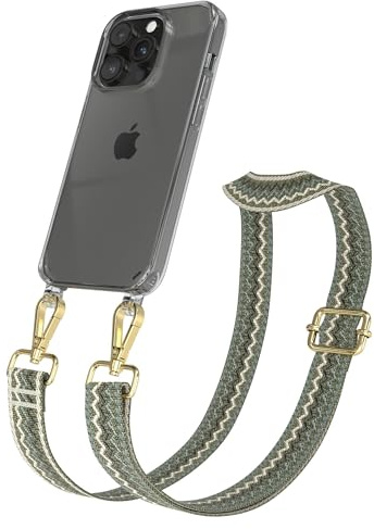 EAZY CASE Handykette - Verstellbares Taschenband kompatibel mit iPhone 14 Pro, Schulterriemen, Handykordel mit Silikon Hülle, Umhängetasche, Grün Beige Gold