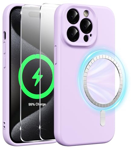 Xiltlly Cover Magnetica Silicone Liquido per iPhone 15 Pro Max 6,7 Pollici con 2 Vetro Temperato, Compatible con MagSafe Magneti Integrati, Custodia Antiurto AntiGraffio per iPhone 15 Pro Max, Viola