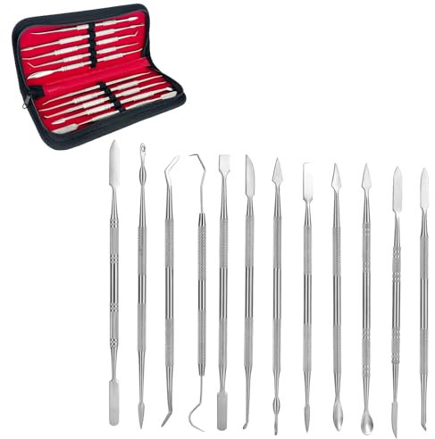 JAMHEXOU 12-stückiges Edelstahl-Wachs-Ton-Schnitzer-Set, Doppelseitige Werkzeuge für Modellierung, Detailarbeit und Keramik-Schnitzerei mit Praktischer Aufbewahrungstasche