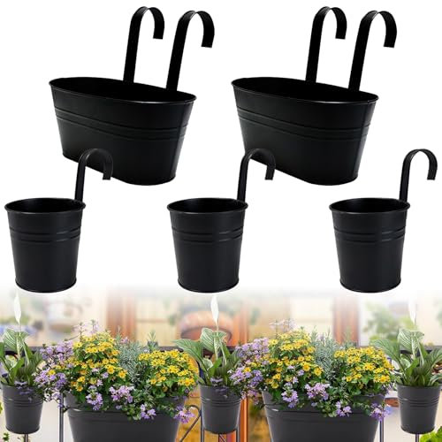 Cnwinu Juego de 5 macetas Colgantes, jardineras para balcón, macetas Colgantes de Metal (27 x 22 x 12 cm) con Gancho Desmontable y Orificio de Drenaje, barandilla de balcón