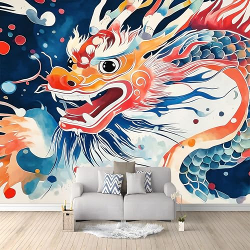 Fotomurale Carta da Parati Effetto Acquerello Drago Cinese 200 x 140 cm Fotomurali Murale 3D Poster Gigante Moderna, Carta da Parati Decora per Camera Letto, Soggiorno, Stanza dei Bambini