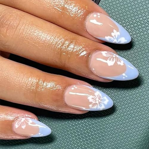 Cosmeria 24 pièces d'ongles à presser, French tips bleus, faux ongles forme amande de longueur moyenne avec design floral blanc, ongles collants brillants