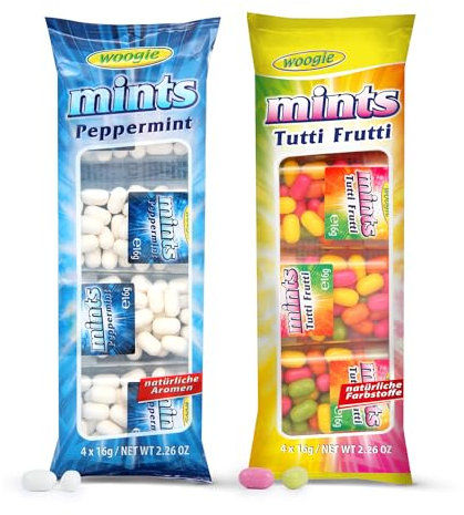 Woogie Mints Peppermint und Tutti Frutti 2er Pack – Erfrischende Pfefferminz und Tutti Frutti Zuckerdragees im praktischen Mini-Format – 2x4 Döschen à 16g – Ideal für unterwegs, beim Sport und im Büro