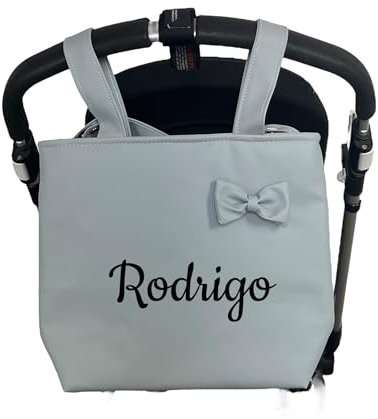 Danielstore Bolso Carro Bebé Talega Polipiel Personalizado con Nombre Bebe Bordado Bolso Organizador Pañaleras para Bebés Bolsa Carrito Bebe… (Gris con asa Colgar al Hombro)