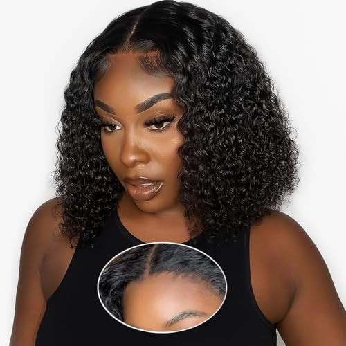 Glueless Wig Human Hair 5x5 Lace Bob Wig Deep Curly Bob 12 inch | 150% Density Pre Cut Pre Plucked Natural Hairline HD Transparent Lace Closure Brazilian Human Hair Natural Color