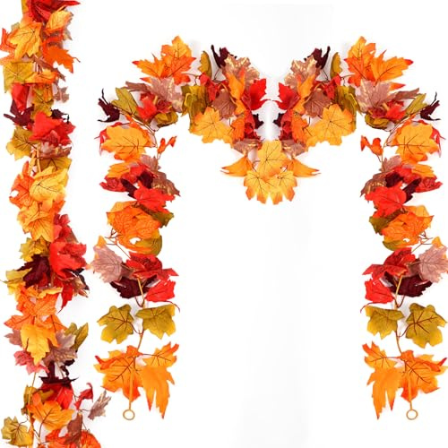 2 Pack Artificial Autumn Maple Leaf Garlands, Fake Fall Leaves Decoration Hanging Vine Thanksgiving Decor, maple leaf garland Fall Leaves, Autumn Foliage Garland, Autumn Home Decor 5.74ft/1.75m
