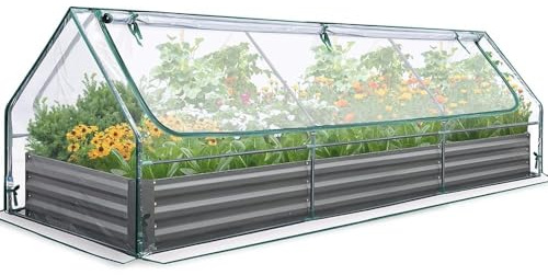 Quictent Galvanized Metal Raised Garden Bed with Mini Greenhouse Cover, 3-in-1 Large Planter Box for Gardens, Backyards & Patios, 8x4ft