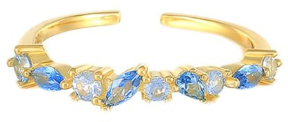 Promise Ring Frau, Damenring Daumen Gold Zierlicher Stapelbarer Offener Ring Verstellbar mit Blau Marquiseschliff Topas 9K Gelbgold Größe 50 (15.9)