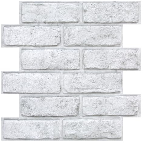 COMSTICKC 3D White Faux Brick Wall Panels Self Adhesive Wall Sticker, White with Gray Spots, 10 Pcs 12X12, Small Size Thin PVC Decorative Tiles Fake Brick Wallpaper Interior Decor, Paintable