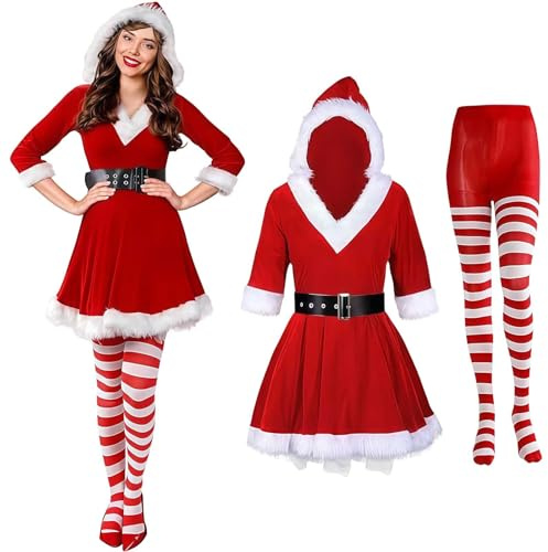 Genérico Weihnachtsmann-Kostüm für Damen, komplettes Weihnachts-Set für Damen, mit Weihnachtsmütze, Handschuhe und Socken, Samtkleid, sexy Karnevalskostüm