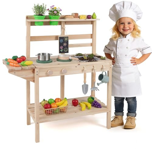 COSTWAY Matschküche Kinder Outdoor, Kinderküche Holz mit Herd, Spüle & Tafel, Spielküche mit Pflanzkästen & Haken, Gartenküche Outdoorküche für Kinder ab 2 Jahren
