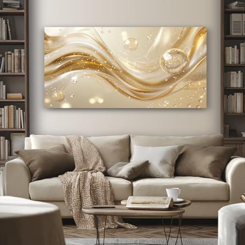 SKOEUI Leinwand Bilder Luxus Welle 50x100 cm Wandbilder | Wohnzimmer Modern Abstrakte Blasen Schlafzimmer in Gold Kunstdruck auf Leinwand auf Holzrahmen Gespannt