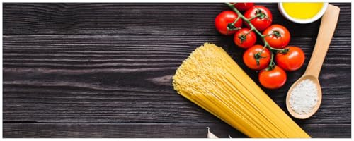 Wallario Küchenrückwand selbstklebend 115 x 50 cm, Motiv: Italienisches Menü mit Spaghetti, Tomaten, Salz und Chilischoten | Spritzschutz abwischbar & pflegeleicht