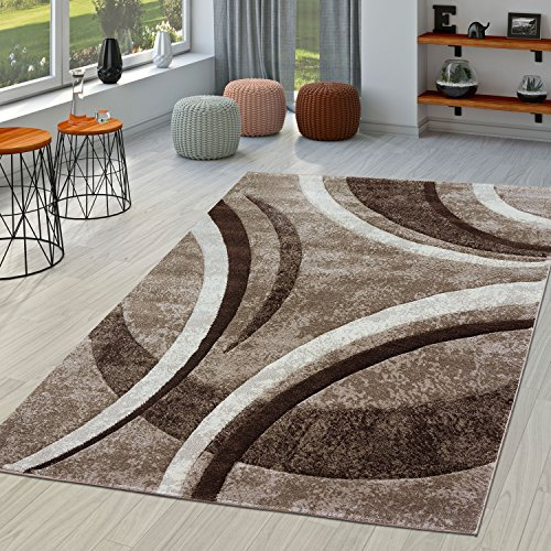 TT Home Teppich Wohnzimmer Gestreift Modern mit Konturenschnitt in Braun Beige Creme, Größe:80x300 cm