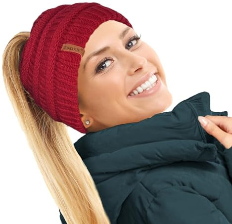 TOSKATOK® Damen Frauen Plain Ponytail Messy BUN GERIPPTE Winter Beanie Hut Cap Hair Hairband