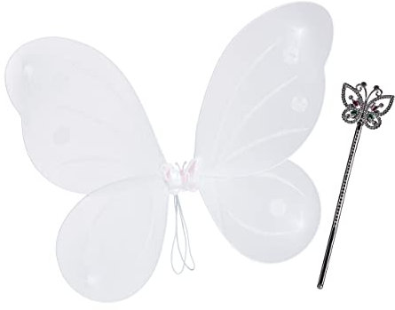 Relaxdays Déguisement de fée, ailes, baguette magique, Costume, Motif papillon, Elfe, Enfant, Carnaval, Blanc et argenté