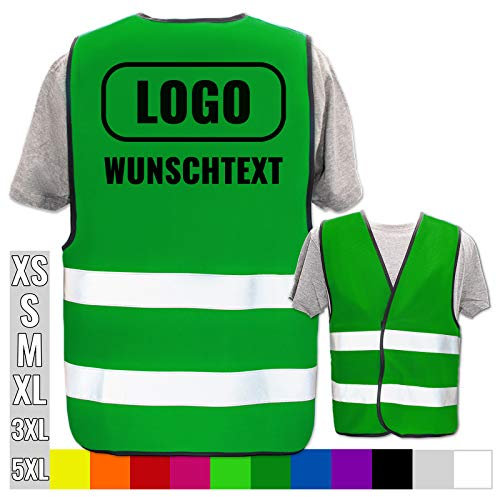 PixiPrints.com Warnweste bedruckt mit Ihrem Namen Text Bild Logo * Farbe + Größe: Grün (M/L) * Druckposition: Rücken + Brust * echte Reflex-Leuchtstreifen * personalisiertes Design selbst gestalten