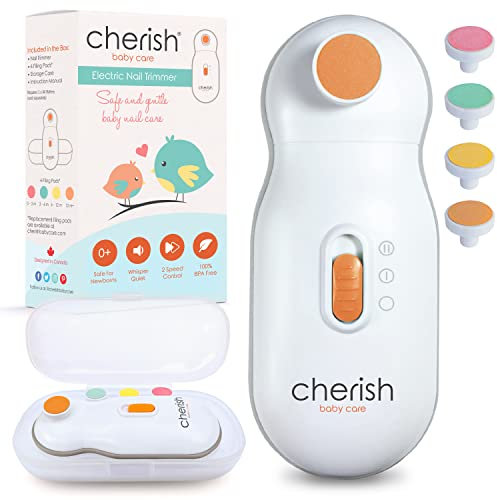 Cherish Baby Care Lima Eléctrica Uñas Bebé - Detención Automática, Lima Uñas Bebé Recién Nacido con Estuche y Soporte, 4 Tipos de Almohadillas (0-12+ meses)