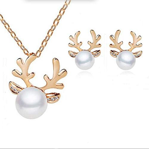 Fliyeong Weihnachtliche Halskette und Ohrringe für Damen, Strass, Kunstperlen, Geweih, Halskette, Ohrringe, Schmuck-Set, robust und kostengünstig.