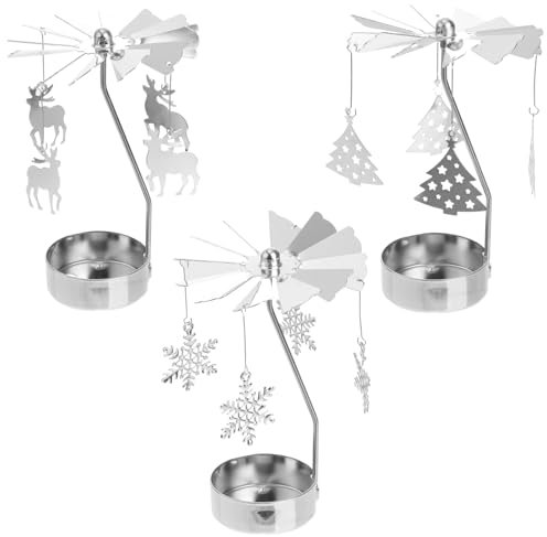 Luxshiny Rotierender Kerzenhalter Vintage Weihnachten Teelicht Karussell Silber Schneeflocken Weihnachtsbaum Rentier Anhänger 3 Stück OHNE Kerzen Party Dekoration Tischdeko Weihnachtsdeko