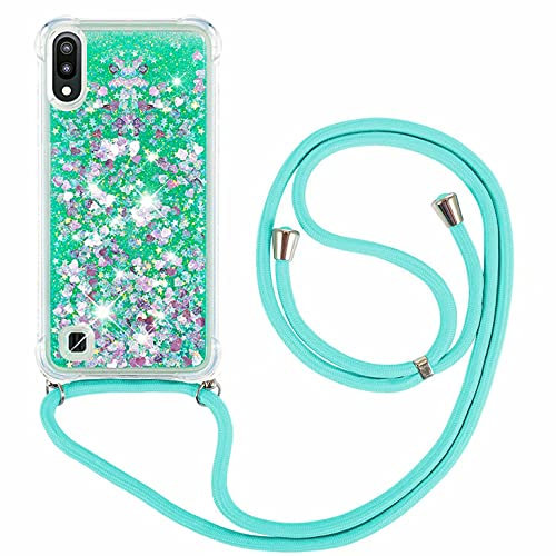 FMPCUON Coque Samsung Galaxy A10 /M10 Glitter Liquide Collier pour Téléphone Portable avec Cordon - Lanyard Paillettes Flowing Sand Silicone Gel TPU Housse avec Smartphone Collier Étui, Vert