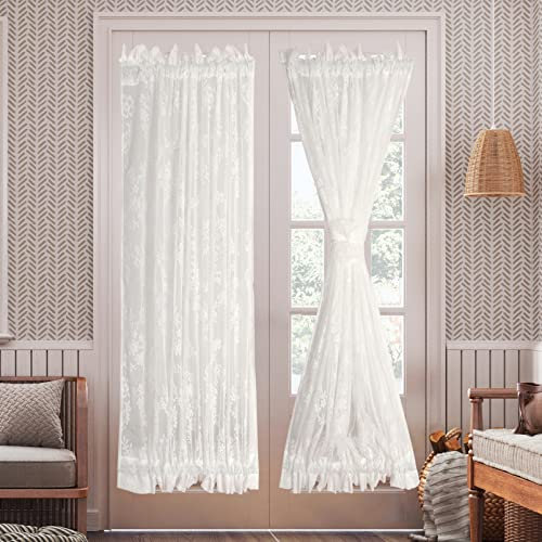 RLoncomix Rod Pocket Lace Sheer Door Curtain French White Retro Style Mesh Floral Semi Voile Curtain for Patio Door Living Room with Tieback, 2 Panels 72 Inches