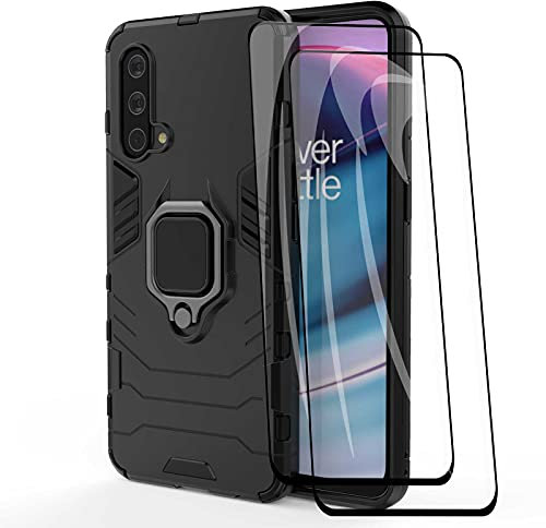 WEIOU Funda para OnePlus Nord CE 5G + 2 Cristal Templado, Carcasa TPU Silicona y PC Shock- Absorción Bumper Caso, Protectora Case con 360° Anillo Kickstand, Negro