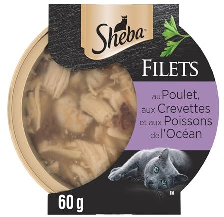 SHEBA Dômes Filets en Sauce, Lot de 32 Boîtes (32 x 60 g), Saveur Poulet Crevettes et Poissons de l'Océan, Nourriture Humide Chat Adulte, Complément Repas Chat