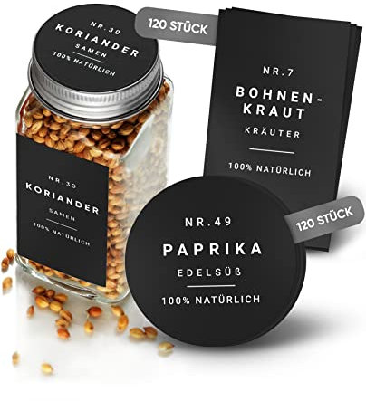 Homety® Gewürzetiketten selbstklebend (240 Stück) - Aufkleber rund minimalistisch - Gewürze Etiketten wasserfest - Vorratsetiketten (schwarz)