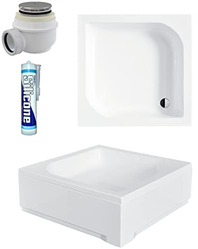 ECOLAM® Duschwanne Duschtasse Ares Viereck quadratisch 70x70 x 29,5 cm Tiefe 16,5 cm Acryl weiß + Siphon + Silikon
