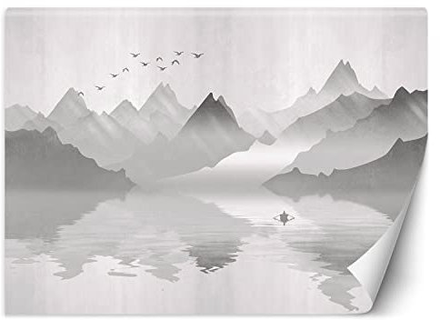 Feeby Fototapete Vögel See Berge Abstrakt 450x315 cm Grau XXL Vlies Wandtapete Tapeten Wohnzimmer Schlafzimmer Jugendzimmer Moderne Design Wandbild Wand Dekoration Wasser Boot Silber