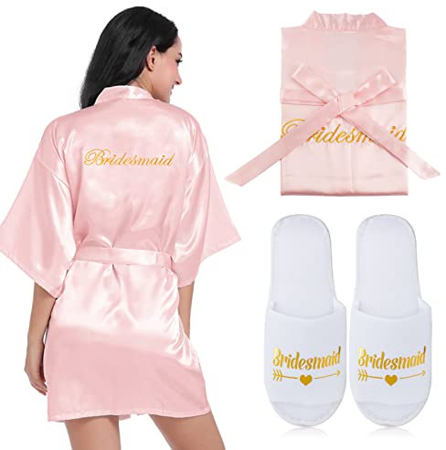 BOFUNX Peignoir Satin Femme Bridesmaid Robes de Chambre Courte Kimonos de Mariée Col V avec Ceinture Manches Courtes avec chausson Bridesmaid Chemise de Nuit pour Mariage (M, Rose pâle)