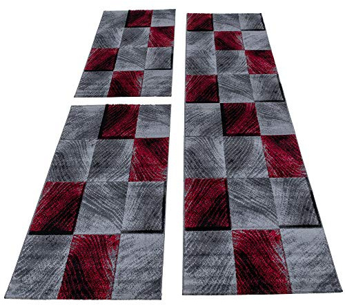 Carpettex Kurzflor Läufer Set 3 Teilig Karo Muster Weich & Soft Bettumrandung Schlafzimmer Flur Teppich 6 mm Florhöhe Farbe Rot Grau Meliert, Farbe:Rot, Bettset:2 mal 80x150 cm + 1 mal 80x300 cm