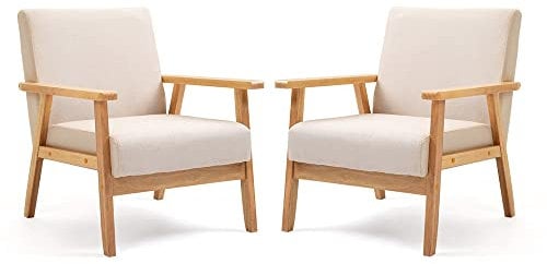 Mingone 2er Set Sessel Gepolsterter Cocktailsessel Skandinavischer Stil Loungesessel Modern Einzelsofa Massivholz für Wohnzimmer Schlafzimmer Beige,64.5x67x73.5cm
