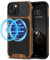 TENDLIN Magnetic Case Compatible with iPhone 13 Mini Case Wood Grain with Carbon Fiber Texture Design Leather Hybrid Slim Case (Compatible with MagSafe) Black