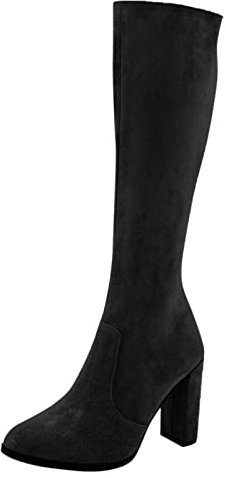 DAIFINEY Stivali Camoscio Stivali Caldi Floccato Stivali alti al ginocchio con tacco spesso Lungo Per Donna Scarpe retrò Stivali da donna Stivali a piedi nudi invernali da donna, Nero , 38 EU