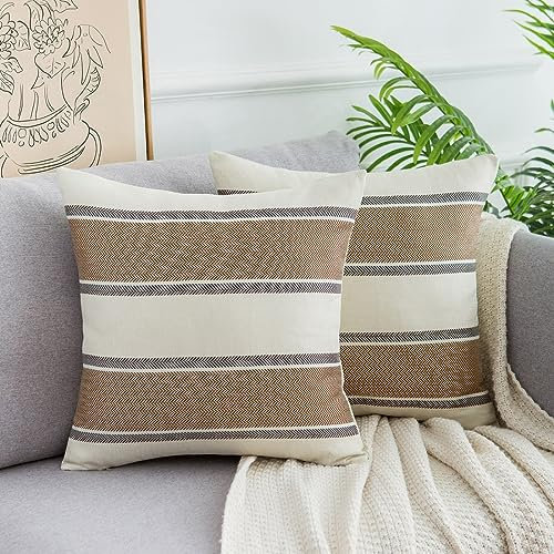 DakTou Sofakissen 40x40 Braun Streifen Kissenbezüge Dekokissen Kissenhülle Leinen Bauernhaus Moderne Couchkissen Kissenhülle für Sofa Büro Couch Stuhl Schlafzimmer 2 Stück