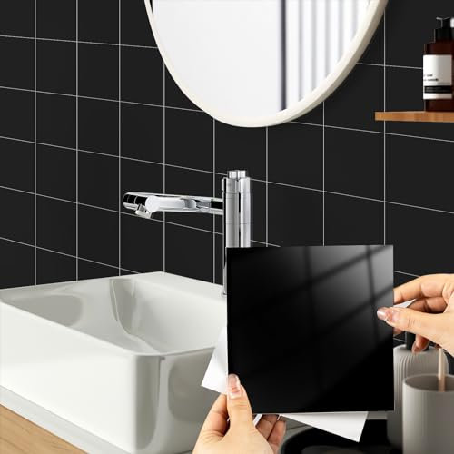 Hode 24 Pezzi Adesivi per piastrelle 15x15cm, Puro Nero Effetto Lucido Piastrelle Adesive da Parete, PVC Impermeabili e Autoadesivo per cucina e bagno