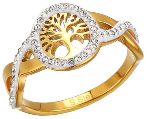 HIJONES Damen Zierlicher Hohler Lebensbaum-Ring Mit Zirkonia-Inlay aus Rostfreier Stahl Promise Hochzeit Verlobungsring Für Frauen Gold Größe 54 (17.2)