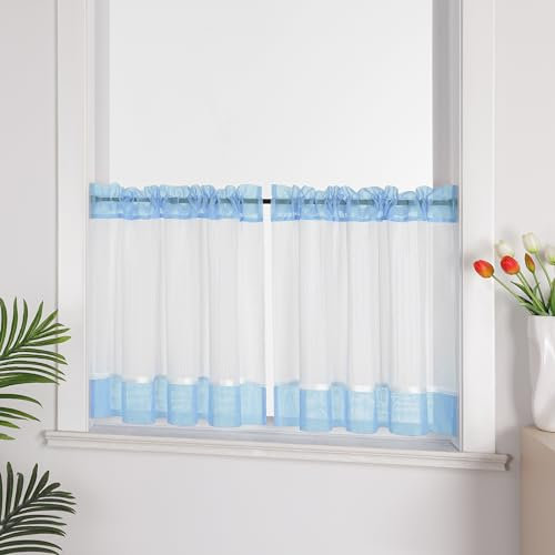 Joyswahl Leinenoptik Scheibengardine im Landhausstil »Jasmin« Cáfe Gardinen Transparent Kurz Küchengardinen Bistrogardinen Wohnzimmer Hellblau HxB 60x145cm 1 Stück