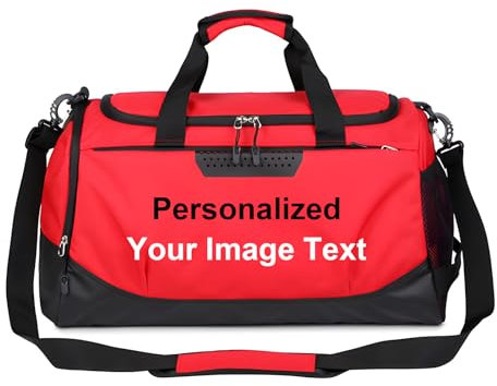 HEYZARDA Sac de sport personnalisé avec texte photo pour homme et femme, Rouge, Personnalisable