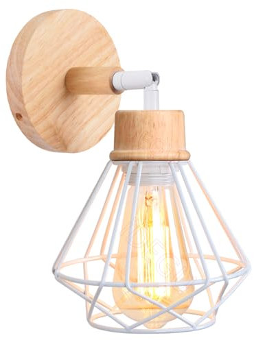 iDEGU Vintage Wandlampe Innen 16CM Industrial Wandleuchte aus Holz Eisen Retro Käfig Lampenschirm Verstellbare Deckenleuchte E27 Lampe für Flur Wohnzimmer Schlafzimmer Küche (Typ-D Weiß)
