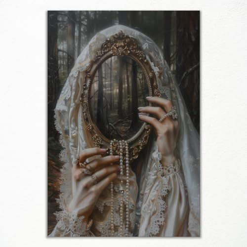 Maogaideng Dark Academia Print Leinwand, stimmungsvolle viktorianische Wandkunst, Hexe, verspiegelte Reverie, Bildmalerei, Gothic-Frau, dunkle Wandkunst, Halloween-ästhetisches Poster für Wand, 40,6 x
