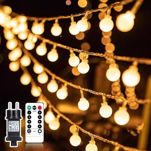 Liyade lichterkette außen, 23M 200 LED Kugel lichterkette außen innen strom, 8 Modi und Merk Funktion, lichterketten innen mit Stecker, ideal für Weihnachten, Hochzeit, Party(Warmweiß)